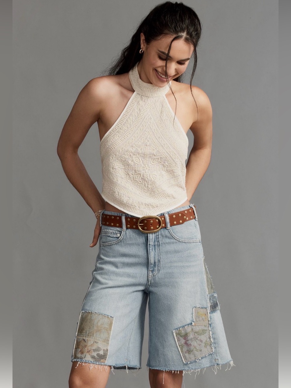 PILCRO The Adi Patchwork Mid-Rise Relaxed Bermuda Shorts Denim 29 - Picture 2 of 15
